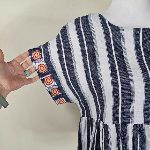 Anthropologie Maeve Embroidered Peplum Linen Top L Striped Open Back Festival - Picture 3 of 10